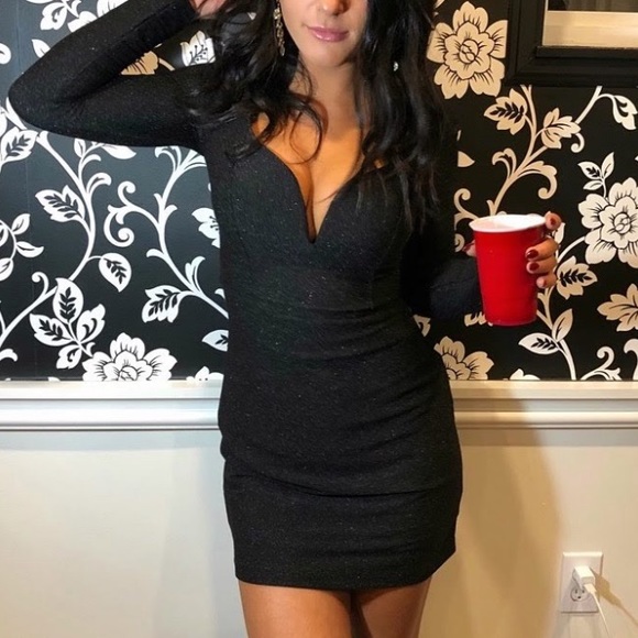 Express Metallic V-Wire Bodycon short Dress Black Sparkle Small - Picture 2 of 6